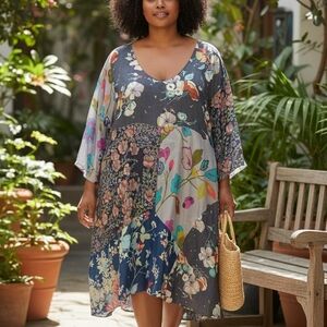 Johnny Was Silk Patchwork Floral Boho Dress XL Flowy Tunic Mini